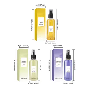 Detail met afmetingen voor drie geuren van 100 ml geparfumeerde lichaamsspray