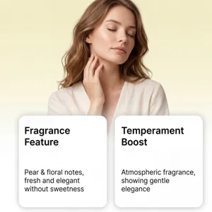 Elegant woman enjoying fresh pear and floral fragrance with clean and natural notes