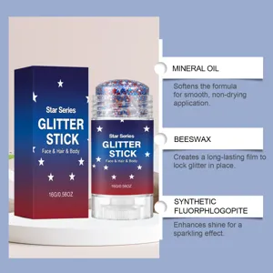 Detail of Star Series glitter stick ingredients: mineral oil, beeswax and synthetic fluorphlogopite.