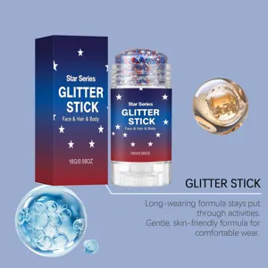 Close-up of smooth face and body glitter stick featuring long-wearing and gentle formula