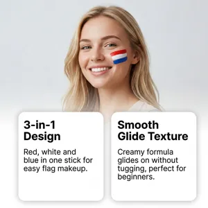 Detailansicht eines lächelnden Models mit dem roten weißen blauen 3-in-1-Gesichtsmalstift