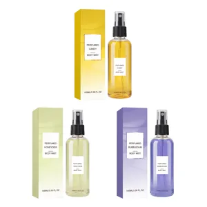 Set van drie kleurrijke 100ml geparfumeerde bodymists met bijpassende dozen op witte basis.