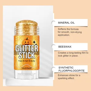 Detailweergave van de ingrediënten van de gouden glitter make-upstick voor gezicht en haar