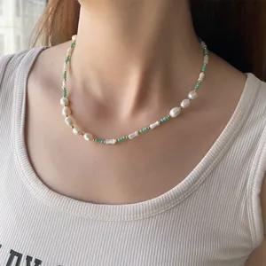 Collier en Perles Naturelles Style Chinois Vert Menthe Avec Espaceurs Dorés Bijoux Élégants pour Femmes