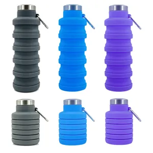 Three-color collapsible silicone sports water bottles shown in expanded and folded states