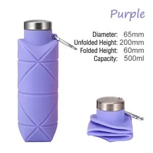 Purple collapsible silicone sports water bottle 500ml with carabiner for outdoor travel