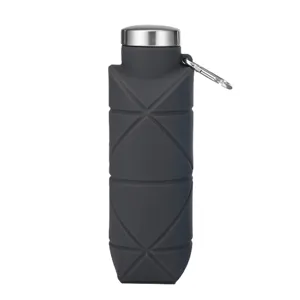 Grey foldable silicone sports water bottle with diamond pattern and carabiner 500ml