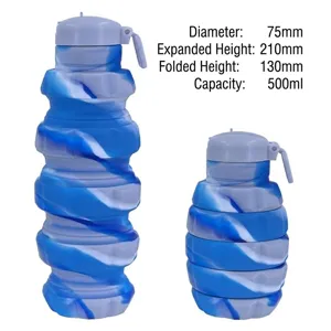 Collapsible grenade silicone water bottle 500ml, expanded and folded views shown.