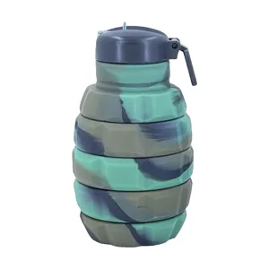 Camouflage grenade shaped collapsible silicone sports water bottle, portable 500ml flask