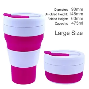 Grande tazza da caffè pieghevole in silicone da 16oz con dimensioni aperte e chiuse