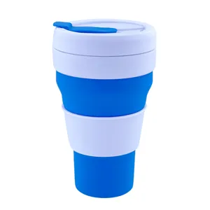 Tazza da caffè pieghevole in silicone blu da 16oz con coperchio bianco per viaggio