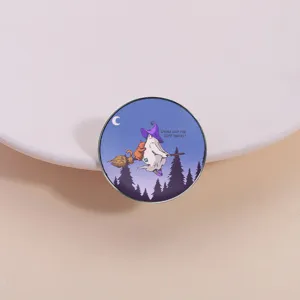 Cute Halloween ghost and cat riding broomstick metal enamel pin badge for clothing