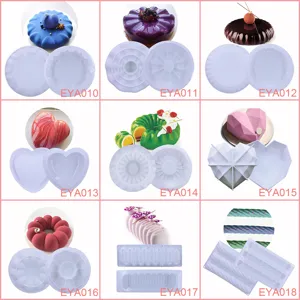 Silicone cake molds for French mousse desserts, DIY baking pans with various shapes and designs.