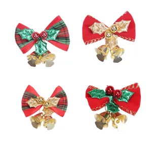 Set di 4 fiocchi natalizi in velluto rosso con campanelli dorati per decorazioni casa