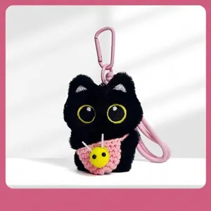 Niedlicher schwarzer Katzen-Plüsch-Schlüsselanhänger mit rosa handgestrickter Tasche