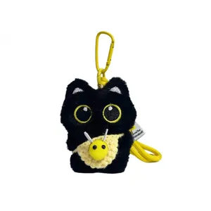 Süßer handgestrickter Plüsch-Schwarze Katze Schlüsselanhänger mit Biene und gelbem Band
