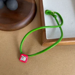 Niche design green leather choker necklace with square pink crystal pendant