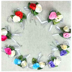 Handmade colorful polyester ribbon roses with silver beads for DIY hair accessories