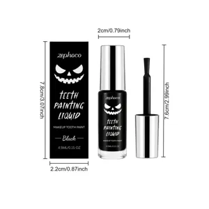 Schwarze Zahnfarbe Detailansicht mit Produktabmessungen, Verpackung und Pinselapplikator.