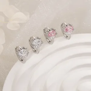 Süße Katzen Gesicht Zirkonia Huggie Creolen Für Damen Luxus Versilbertes Kupfer Rosa Weiß Zirkonia Strass Katzen Ohrringe Schmuck Geschenk