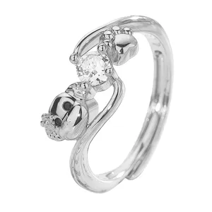 Charming silver puppy paw print ring featuring a sparkling zircon stone, adjustable design