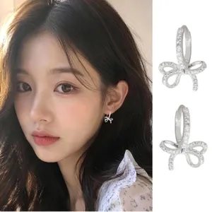 Luxury Copper Rhinestone Bowknot Hoop Earrings Platinum Plated Artificial Pearl Huggie Earrings For Banquet Women Fashion Jewelry