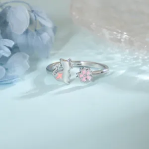 Bague ajustable mignonne avec fleur de cerisier rose et chat style japonais doux