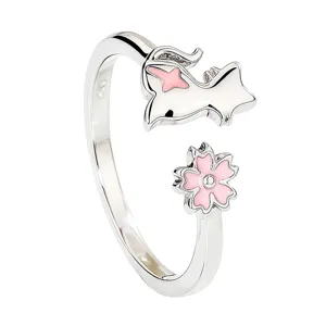 Bague ouverte fleur de cerisier rose et chat de style japonais finition argent épurée
