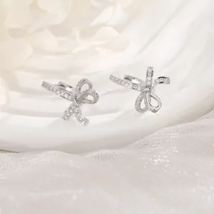 Elegant silver bow-knot hoop earrings with sparkling cubic zirconia pavé stones
