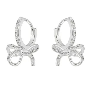 Exquisite silver bow huggie hoop earrings with pavé cubic zirconia stones
