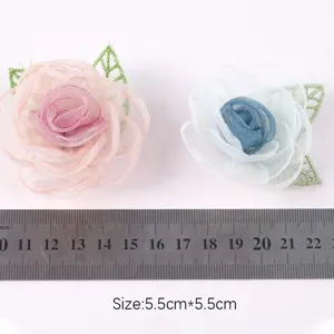 Close-up detail of handmade organza rose flower DIY accessory, 5.5cm size reference.