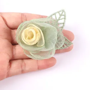 Handmade organza rose flower detail, green floral patch for DIY hair accessories and apparel.