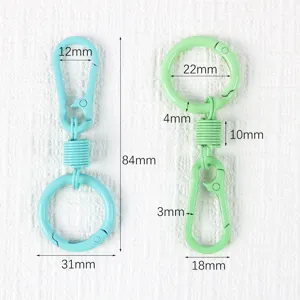 Detailed dimension view of colored metal keychain spring rings with clear size specs in mm.