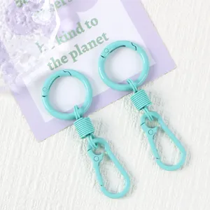 Detailed view of mint green metal spring ring keychain with lobster clasp, smooth painted.
