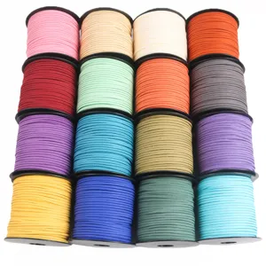 Faux suede cord detail showing multi-color spools 2mm width for DIY crafts and gift wrapping.