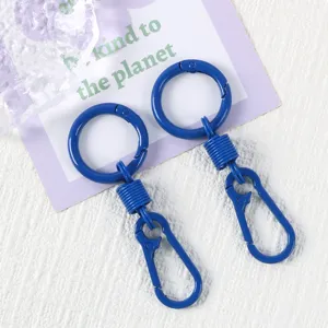 Blue spring keyring carabiner detail, durable metal clip accessory for bags and car keys.