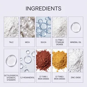 Gedetailleerd ingrediëntenoverzicht voor lichtgewicht matstift poeder en make-up.