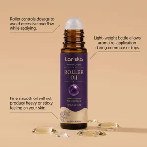 Gedetailleerd overzicht van draagbare aromatherapie olie roller met gladde kogel en druppels.