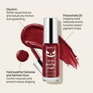 Detail view of red teeth painting liquid, smooth texture and precise brush applicator.