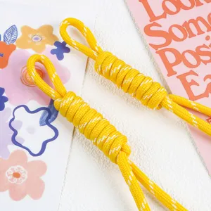 Detailed view of two vibrant yellow braided nylon ropes with white decorative weave