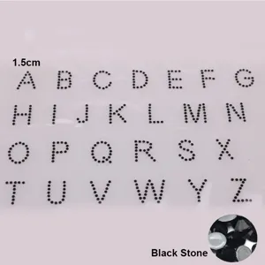 Black rhinestone alphabet letter patches 1.5cm detail view for DIY clothing decor.
