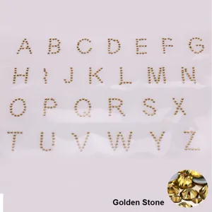 DIY golden rhinestone alphabet letter hotfix stickers for clothing accessories and garment decoration.