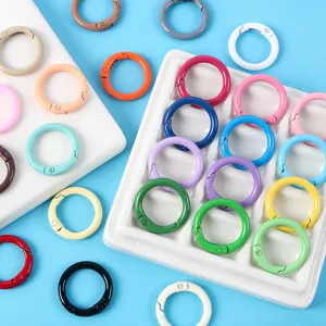 Anillos de resorte metálicos de colores, hebillas redondas abiertas, vista detallada.