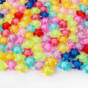 Detailed view of colorful 11mm acrylic star beads with transparent layers for DIY jewelry.