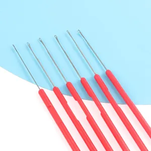 Set of 6 red handle bead stringing needles and latch hook tools for jewelry making and crafts.
