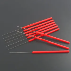 Red handle latch hook needle tool for jewelry beading and threading crafts detail view.