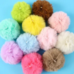 Colorful faux rabbit fur pom pom details, DIY craft fluffy balls with hanging loop accessories.