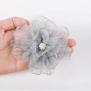 Grey chiffon fabric flower detail, handmade organza hair accessory DIY craft material.