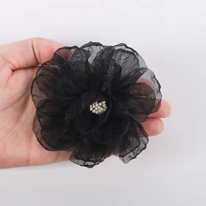 Handmade 9cm black chiffon fabric flower detail showing exquisite burn edge design for DIY crafts.
