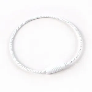 Close-up detail of white painted steel wire loop clasp, durable metal key ring fastener accessory.
